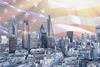 London skyline us flag