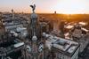 An aerial view of the Royal Liver Building, Liverpool, at sunset