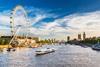 Shot of the Thames River, London, showing the London Eye and the Houses of Parliament