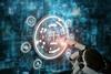 Robot hand touches digital justice scales