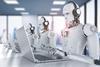 Robots at computers wearing headsets