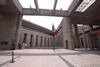 A Mexican flag stands amid the empty corridors of the federal court during a worker's strike over reforms that would make all judges stand for election in Mexico City, August 2024