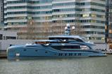 Superyacht PHI mooring in West India Dock, Canary Wharf, London