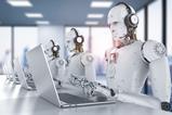 Robots at computers wearing headsets