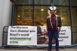 Members of the village communities affected by the Mariana Dam disaster, the largest ever environmental disaster in Brazil, stage a protest outside the Rolls Building as the trial against mining company BHP begins at the High Court