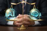 A blurred figure of a businessman sits behind justice scales with the graphics of AI and a human brain