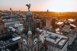 An aerial view of the Royal Liver Building, Liverpool, at sunset