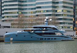 Superyacht PHI mooring in West India Dock, Canary Wharf, London
