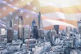 London skyline us flag