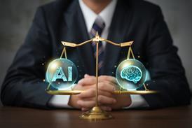 A blurred figure of a businessman sits behind justice scales with the graphics of AI and a human brain