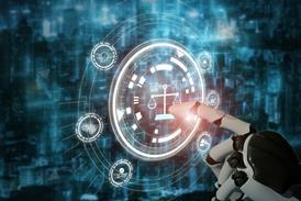 Robot hand touches digital justice scales