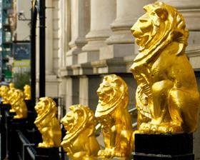 Lions on railings outside refurbished Law Society HQ Chancery Lane