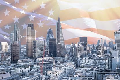 London skyline us flag
