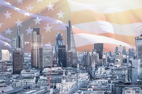 London skyline us flag