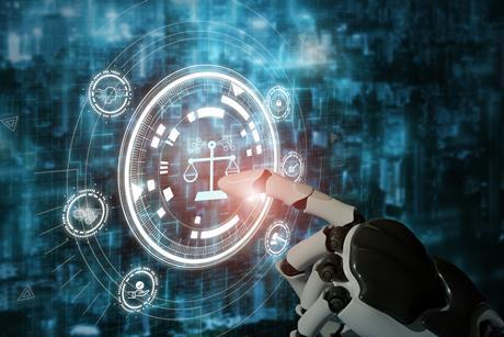 Robot hand touches digital justice scales