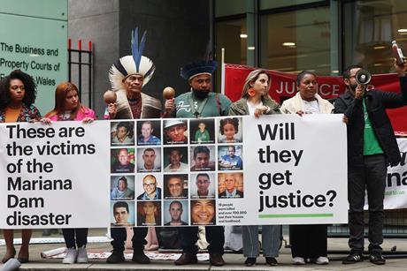 Protesters demonstrate against Mariana dam disaster outside London's High Court