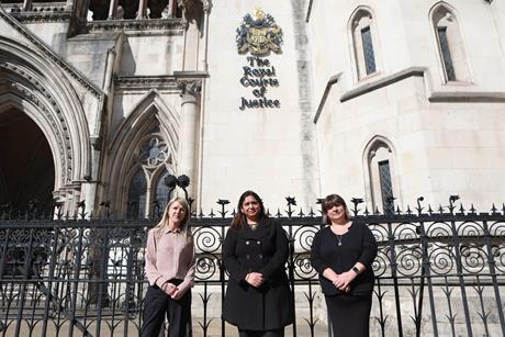 Wrongly convicted subpostmasters Janet Skinner, Seema Misra and Tracy Felstead outside the Royal Courts of Justice. All three were represented pro bono by Aria Grace partner Nick Gould