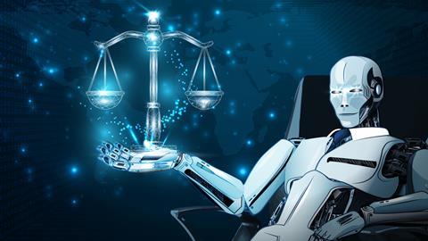 A robot holds justice scales in its hand