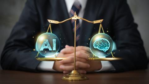 A blurred figure of a businessman sits behind justice scales with the graphics of AI and a human brain