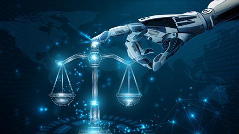 Robot hand touches justice scales