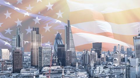 London skyline us flag