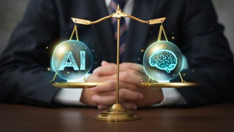 A blurred figure of a businessman sits behind justice scales with the graphics of AI and a human brain