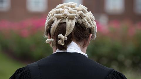 A woman wears a barrister wig