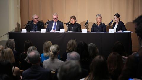 (L-R): Barrister Bruce Drummond, Dean Armstrong KC, US attorney Gloria Allred, Natacha (no surname given) and barrister Maria Mulla