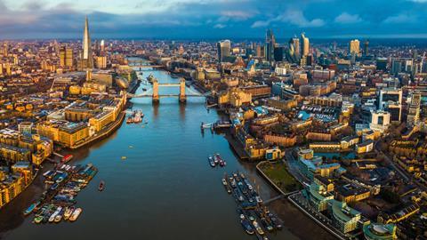 An aerial view over the River Thames