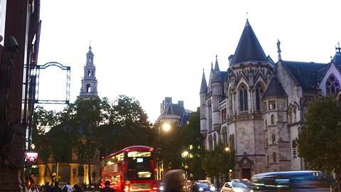 Strand and Royal Courts of Justice at dusk