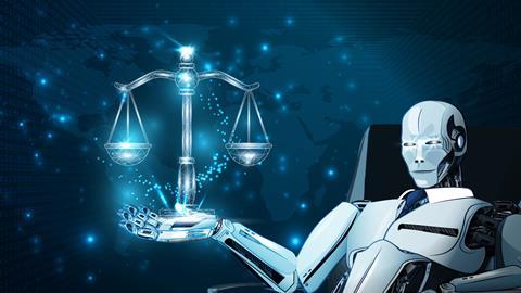 A robot holds justice scales in its hand
