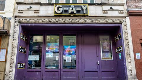 A G-A-Y sign seen outside the club with shut doors in London