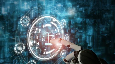 Robot hand touches digital justice scales