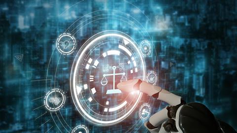 Robot hand touches digital justice scales