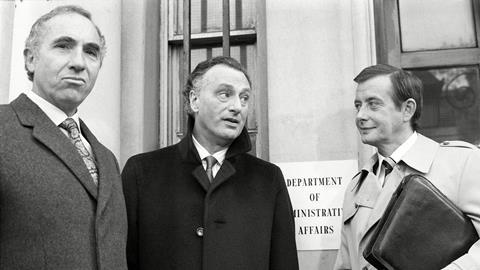 Sir Humphrey Appleby, as played by Nigel Hawthorne, Jim Hacker, as played by Paul Eddington, and Bernard Woolley, played by Derek Fowlds