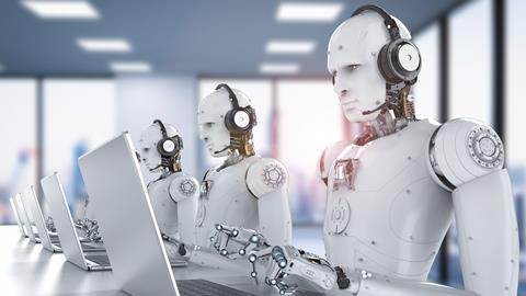 Robots at computers wearing headsets