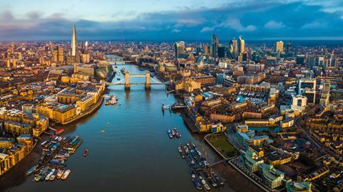 An aerial view over the River Thames
