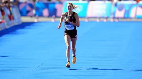 Great Britain's Rose Harvey approaches the finish line during the Women's Marathon, 2024 Paris Olympic Games