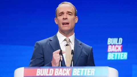 Lord chancellor Dominic Raab speaking at the Conservative Party Conference in Manchester, 2021