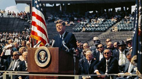 US president John F. Kennedy delivers his famous speech on space exploration and the nation's effort to land on the Moon during an address at the Rice University Stadium September 12, 1962, in Houston, Texas