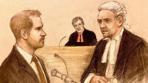 Court artist sketch by Elizabeth Cook of the Duke of Sussex being cross examined by Andrew Green KC