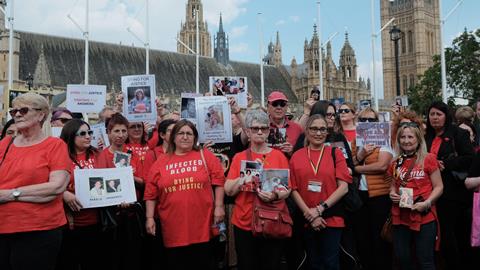 The Hepatitis C Trust assembles at Parliament Square to demand action ahead of the final report on the infected blood scandal, May 2024