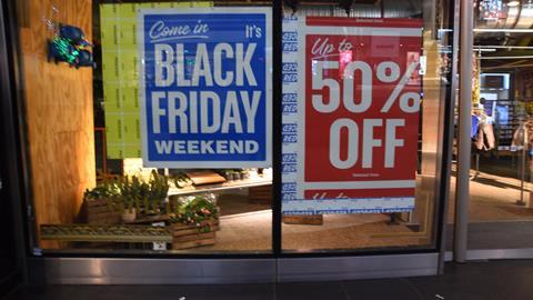 Black Friday signs in a shop on Oxford Street, London