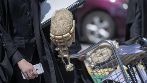 An anonymous barrister wearing a robe carries a barrister wig into court