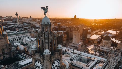 An aerial view of the Royal Liver Building, Liverpool, at sunset