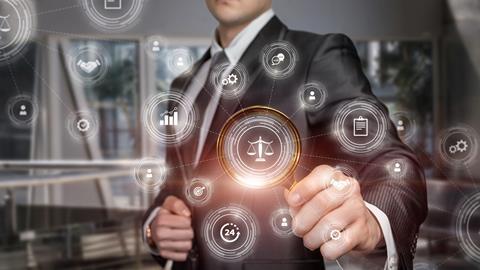 A man in a suit holds up a magnifying glass to a graphic of justice scales