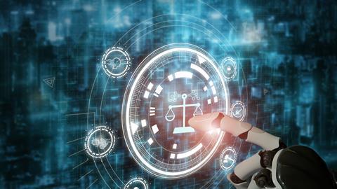 Robot hand touches digital justice scales