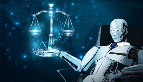 A robot holds justice scales in its hand