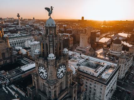 An aerial view of the Royal Liver Building, Liverpool, at sunset