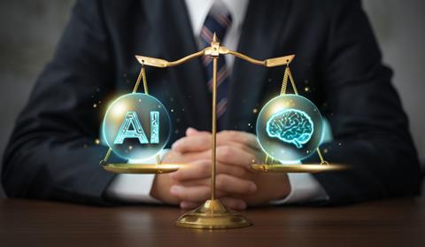 A blurred figure of a businessman sits behind justice scales with the graphics of AI and a human brain